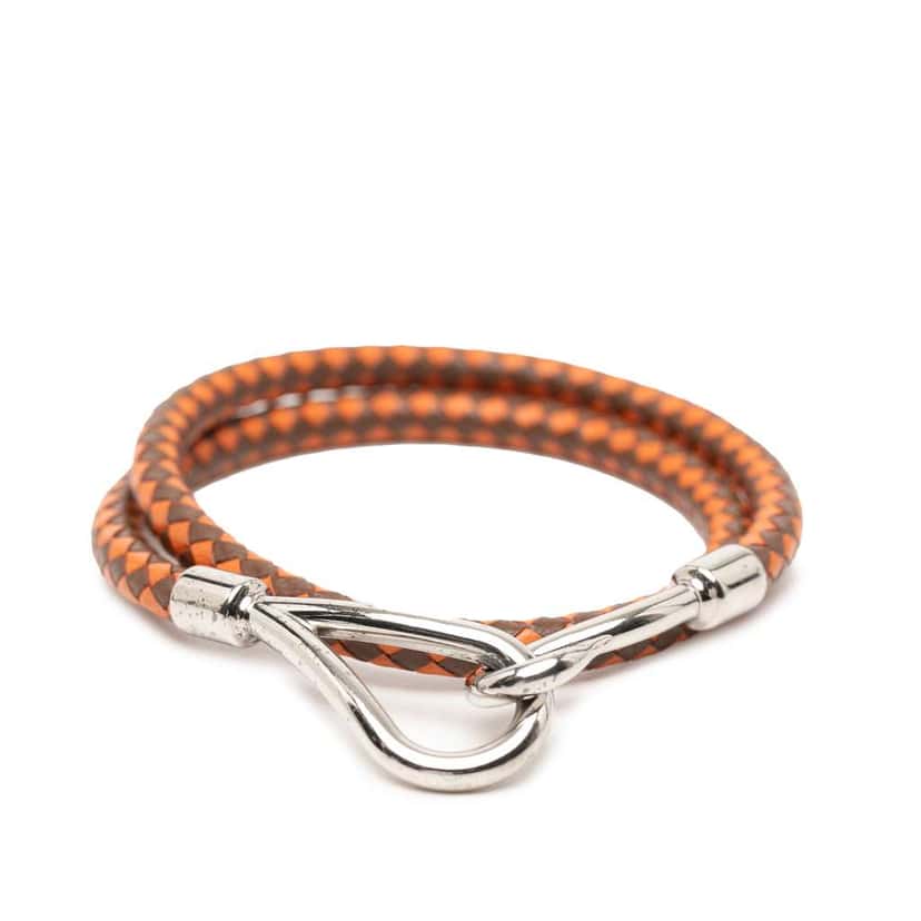 Hermès Palladium Plated and Woven Leather Jumbo Hook Double Tour Bracelet Brown Leather Good condition - Front View