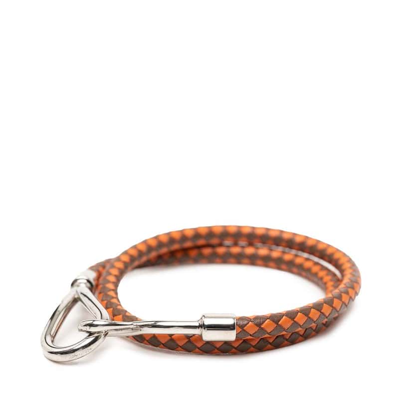 Hermès Palladium Plated and Woven Leather Jumbo Hook Double Tour Bracelet Brown Leather Good condition - Back View