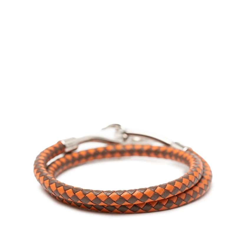 Hermès Palladium Plated and Woven Leather Jumbo Hook Double Tour Bracelet Brown Leather Good condition - Inside View