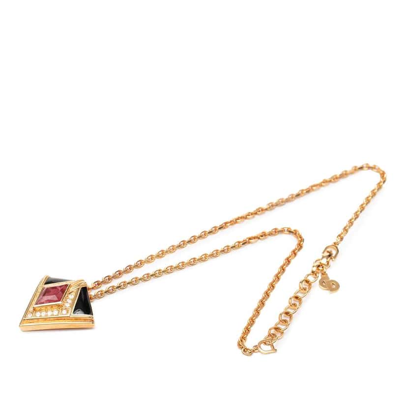 Dior Gold Plated Rhinestone Enamel Geometric Diamond Pendant Necklace Gold Metal Good condition - Inside View