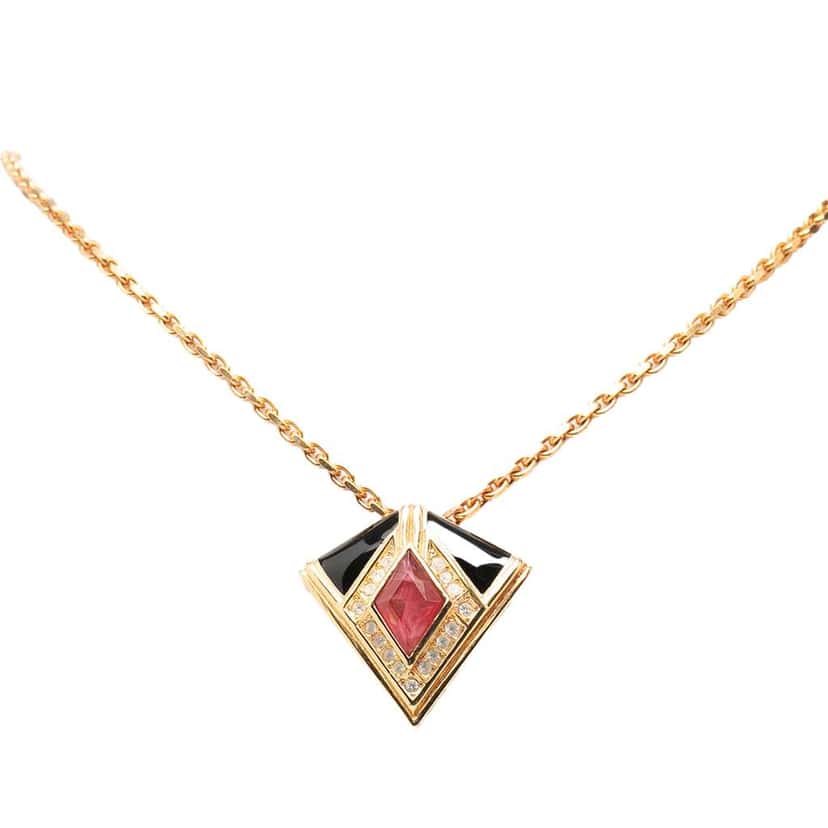 Dior Gold Plated Rhinestone Enamel Geometric Diamond Pendant Necklace Gold Metal Good condition - Box View