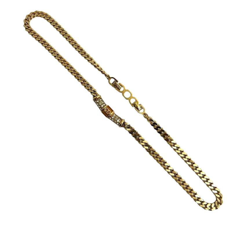 Dior Gold Plated CD Logo Rhinestone Cuban Chain Link Necklace Gold Metal Very good condition - Front View
