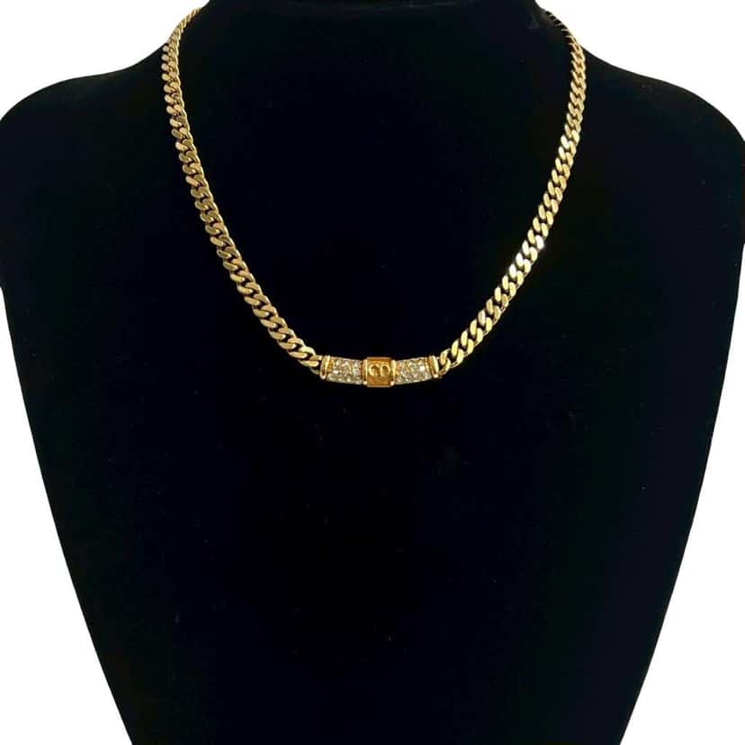 Dior Gold Plated CD Logo Rhinestone Cuban Chain Link Necklace Gold Metal Very good condition - Model View