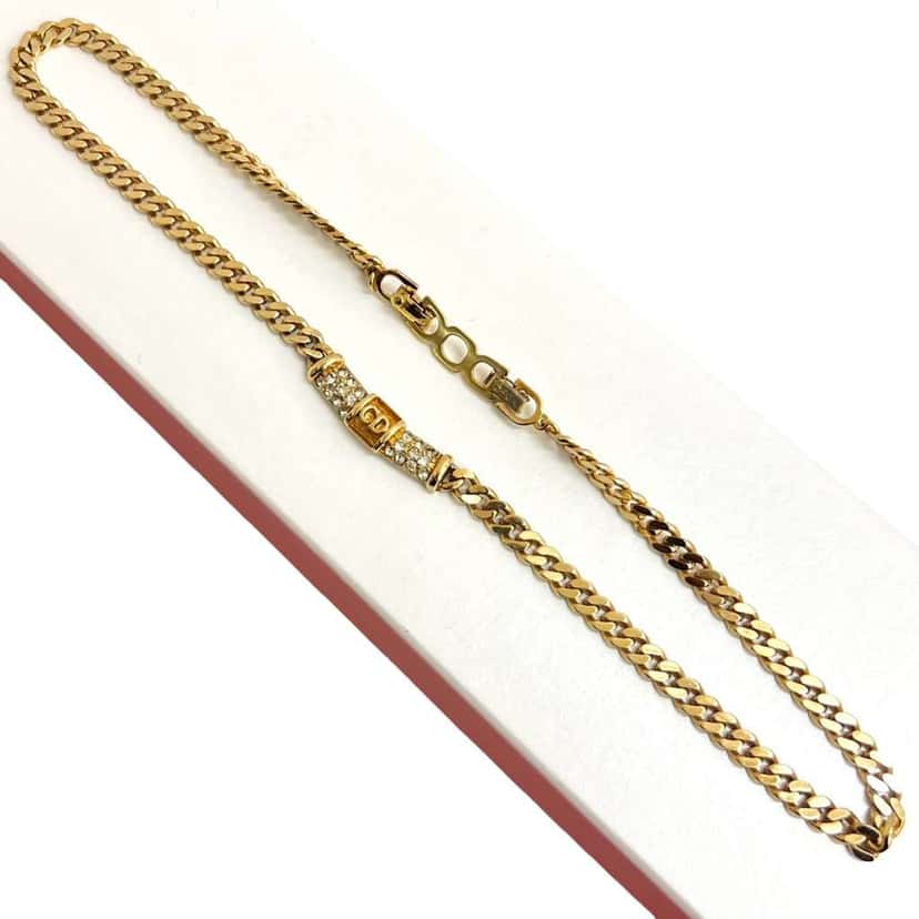 Dior Gold Plated CD Logo Rhinestone Cuban Chain Link Necklace Gold Metal Very good condition - Box View