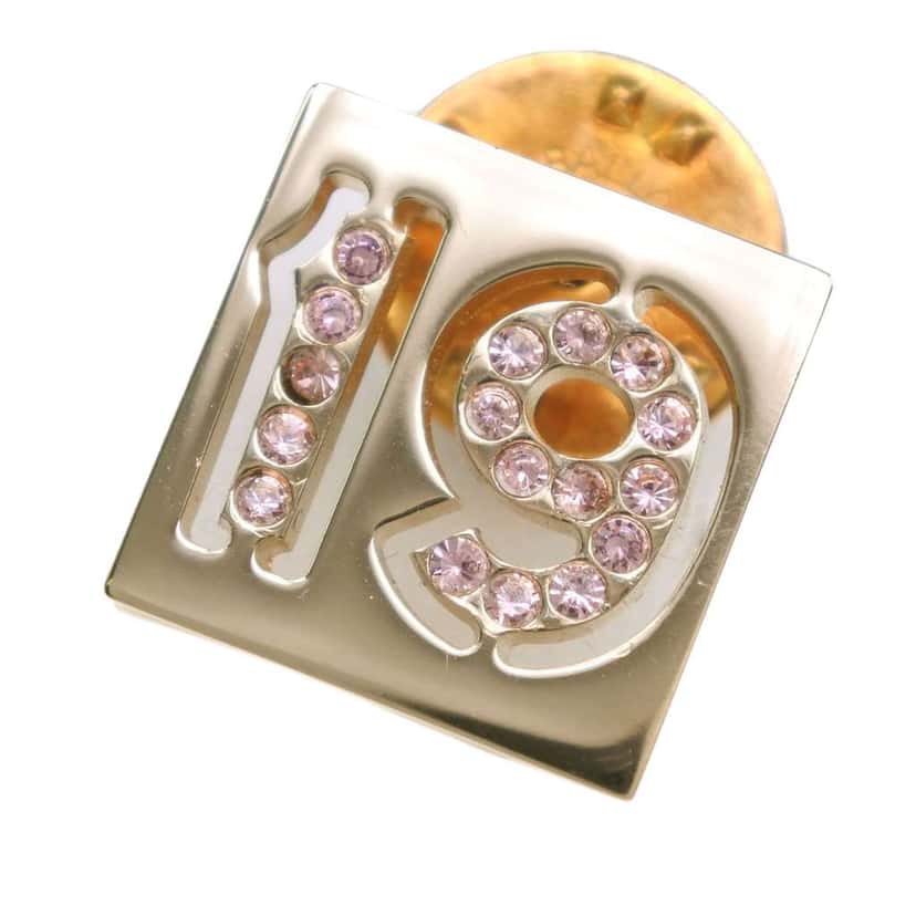 Chanel Gold Plated Rhinestone No 19 Pin Badge Brooch Gold Metal Good condition - Front View