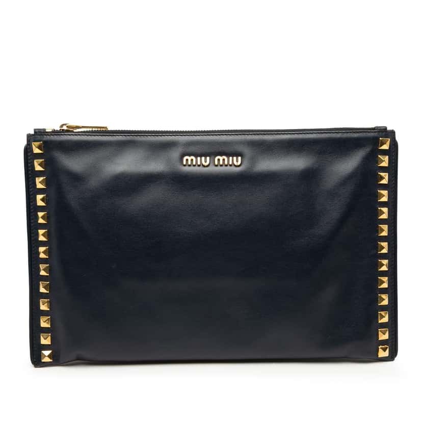 Miu Miu Studded Leather Zip Clutch Blue Leather Good condition - Front View