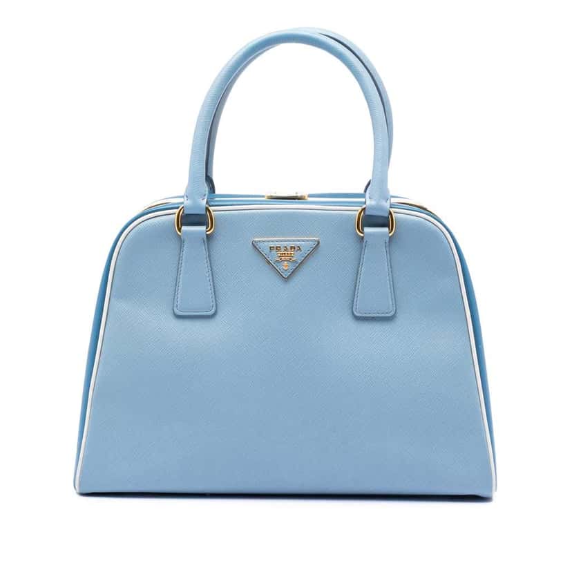 Prada Bicolor Saffiano Lux Pyramid Frame Top Handle Bag Blue Leather Good condition - Front View