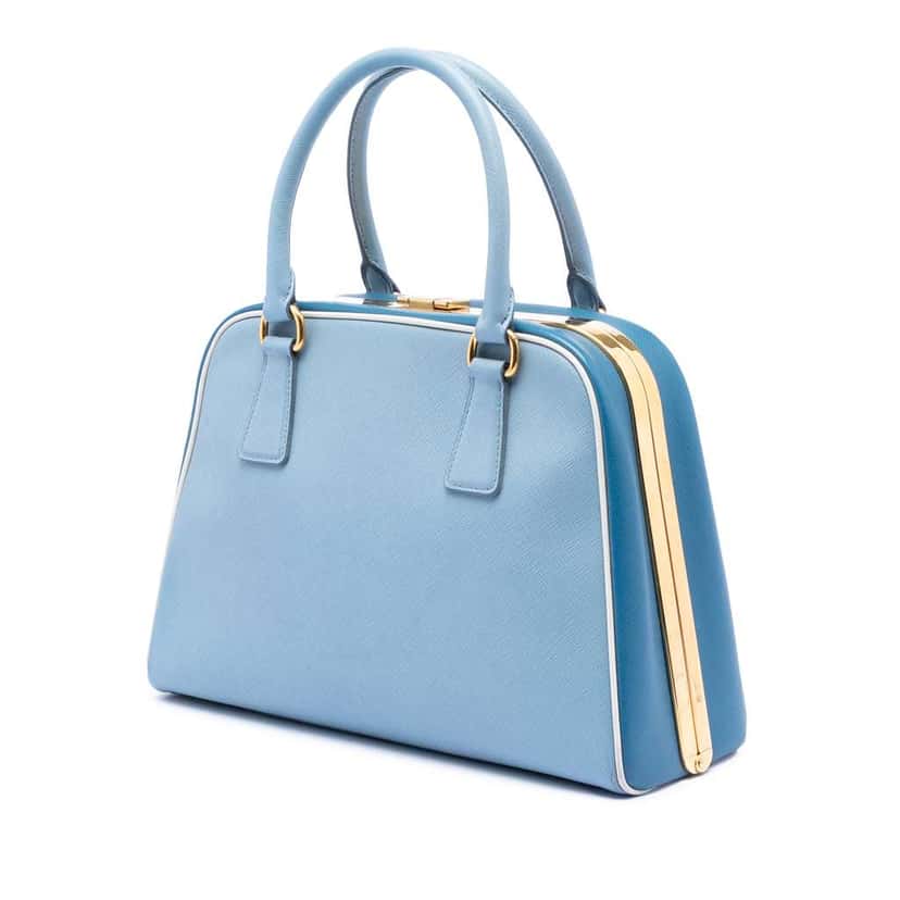 Prada Bicolor Saffiano Lux Pyramid Frame Top Handle Bag Blue Leather Good condition - Back View