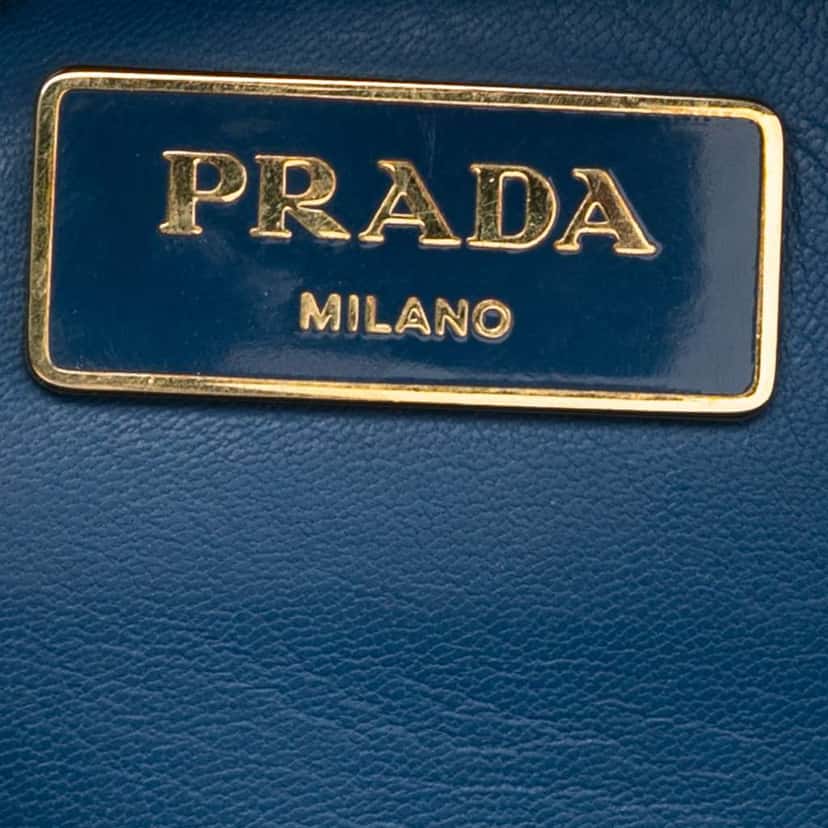 Prada Bicolor Saffiano Lux Pyramid Frame Top Handle Bag Blue Leather Good condition - Box View