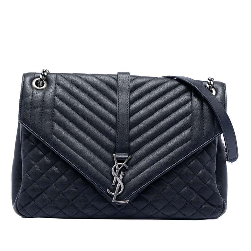 Saint Laurent Large Triquilt Sheepskin Monogram College Bag Blue Leather Good condition - Front View