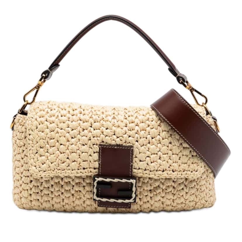 Fendi Crochet Raffia Baguette Satchel Beige Good condition - Front View