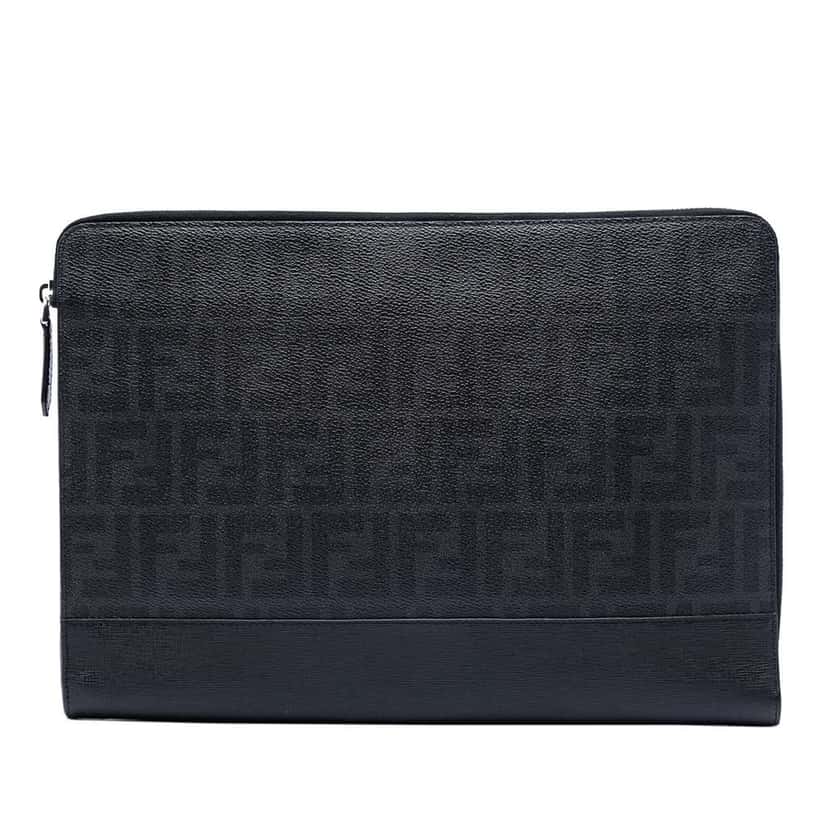 Fendi Leather Trimmed Zucca Coated Canvas Clutch Black Canvas Good condition - Front View