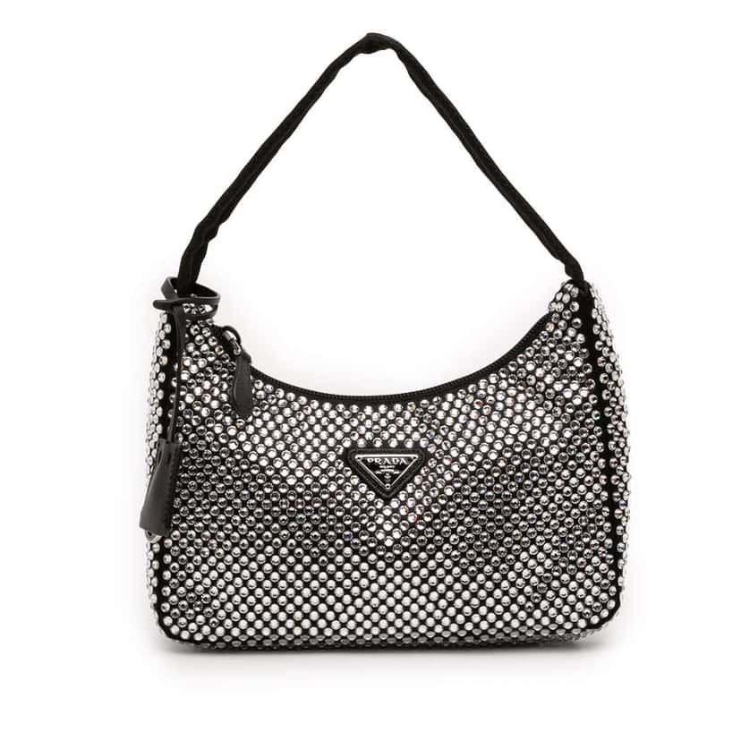 Prada Mini Satin Crystal Re Edition 2000 Shoulder Bag Black Satin Very good condition - Front View