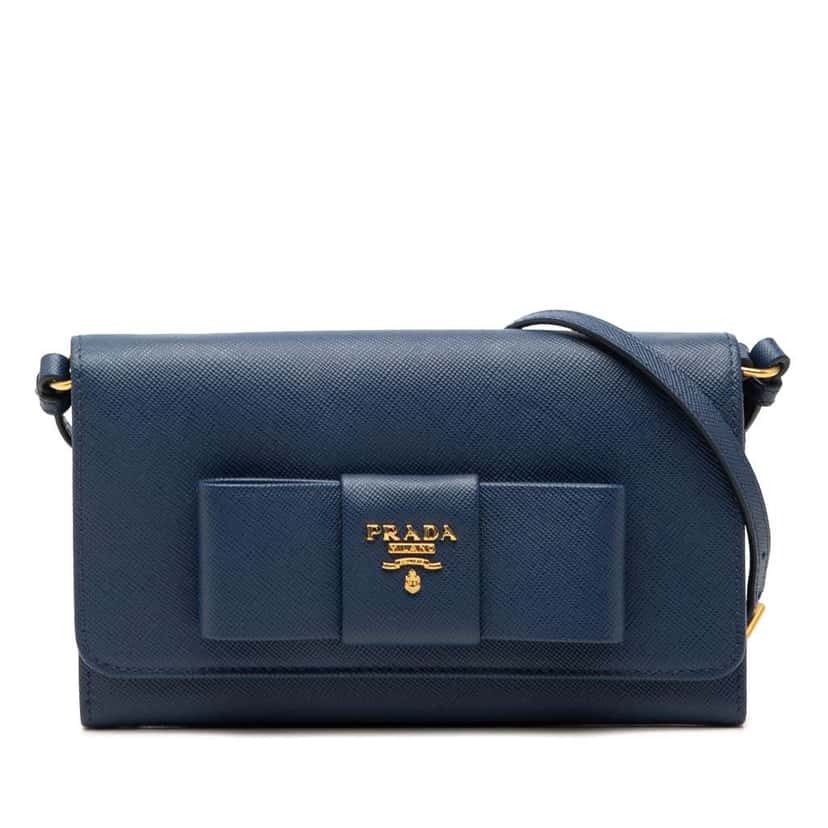 Prada Saffiano Lux Bow Wallet On Strap Blue Leather Very good condition - Front View