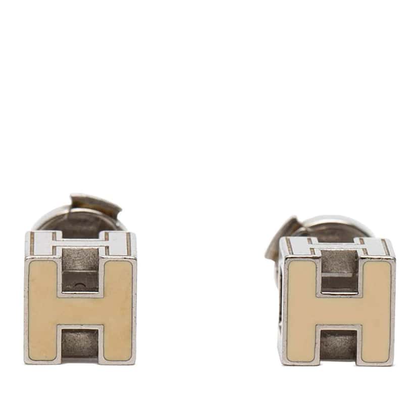 Hermès Palladium Plated Enamel Cage dH Cube Push Back Earrings Beige Metal Very good condition - Front View