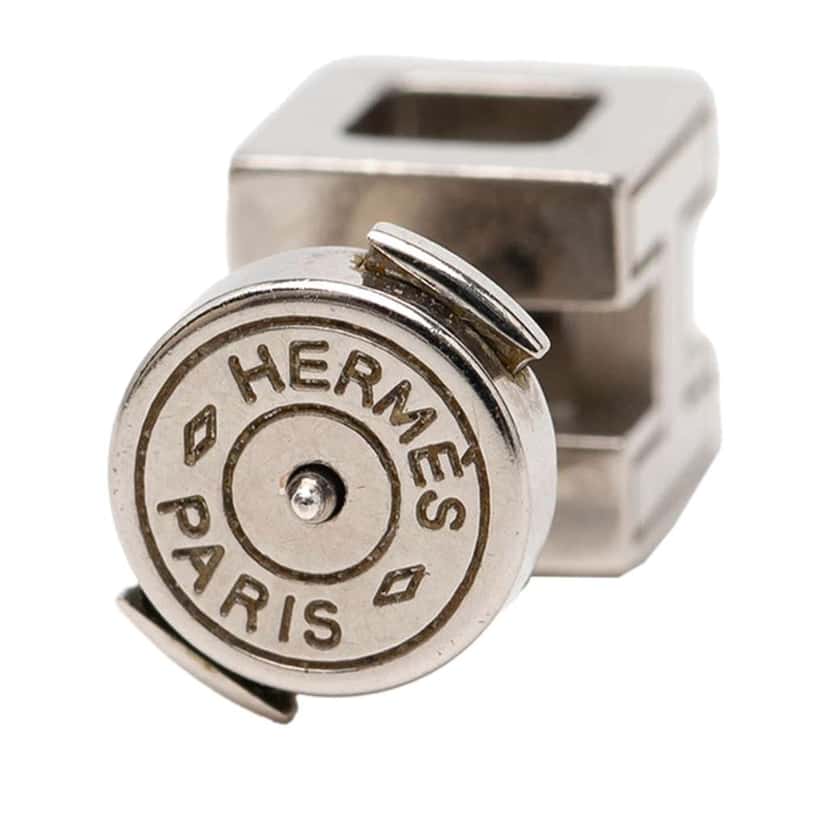 Hermès Palladium Plated Enamel Cage dH Cube Push Back Earrings Beige Metal Very good condition - Inside View