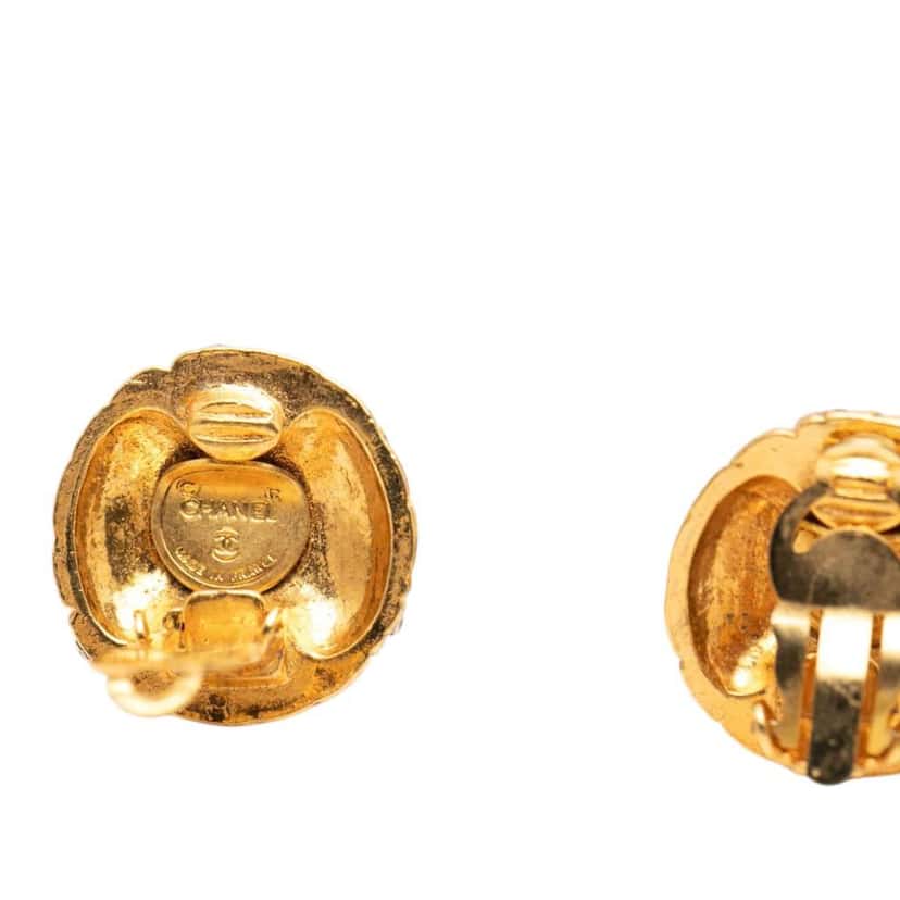 Chanel Gold Plated Rhinestone Quilted Round Clip On Earrings Gold Metal Very good condition - Inside View