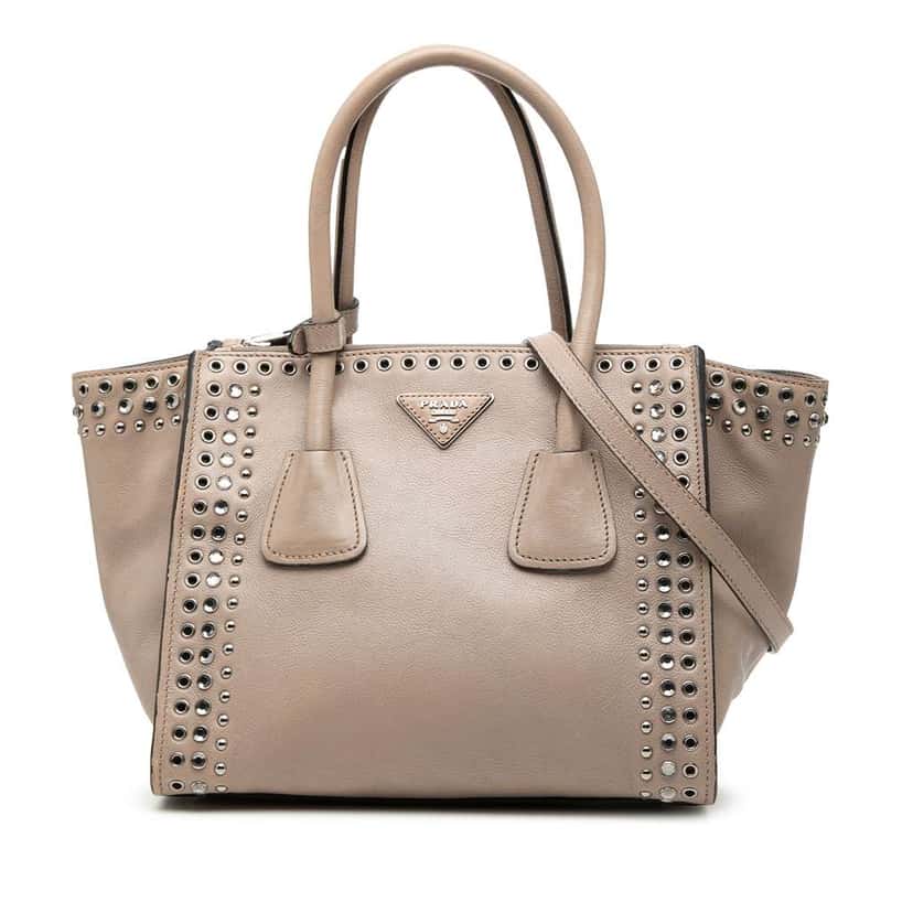 Prada Glace Calf Studded Twin Pocket Satchel Beige Leather Very good condition - Front View