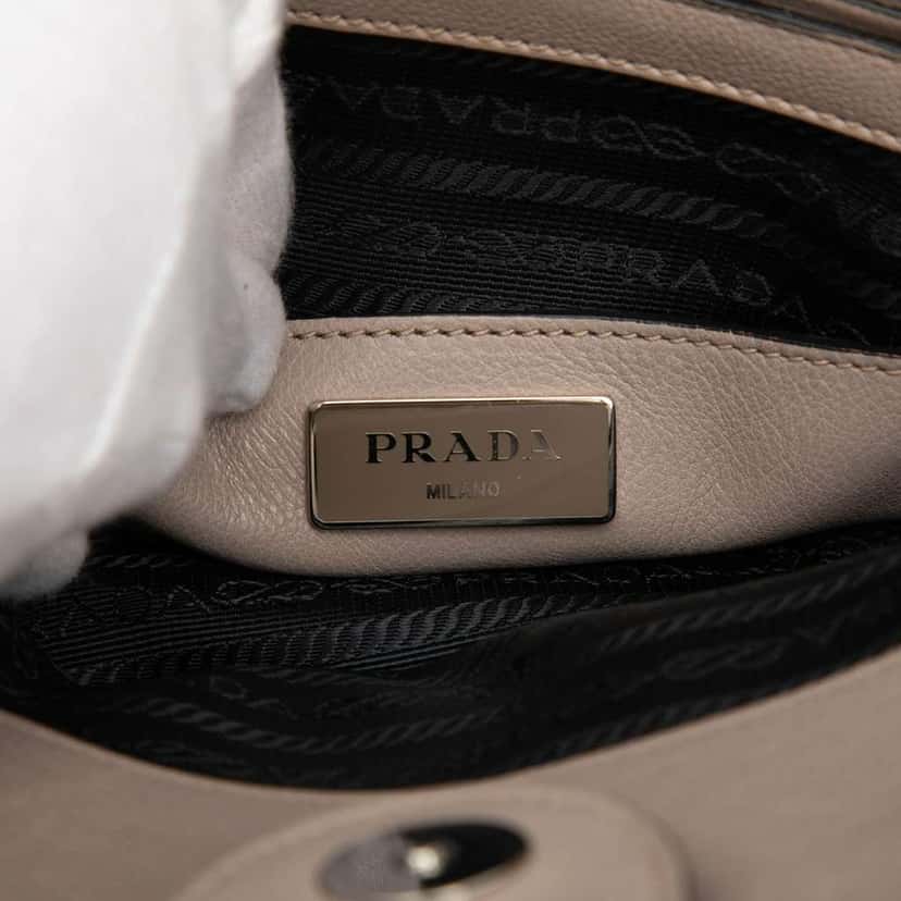 Prada Glace Calf Studded Twin Pocket Satchel Beige Leather Very good condition - Box View
