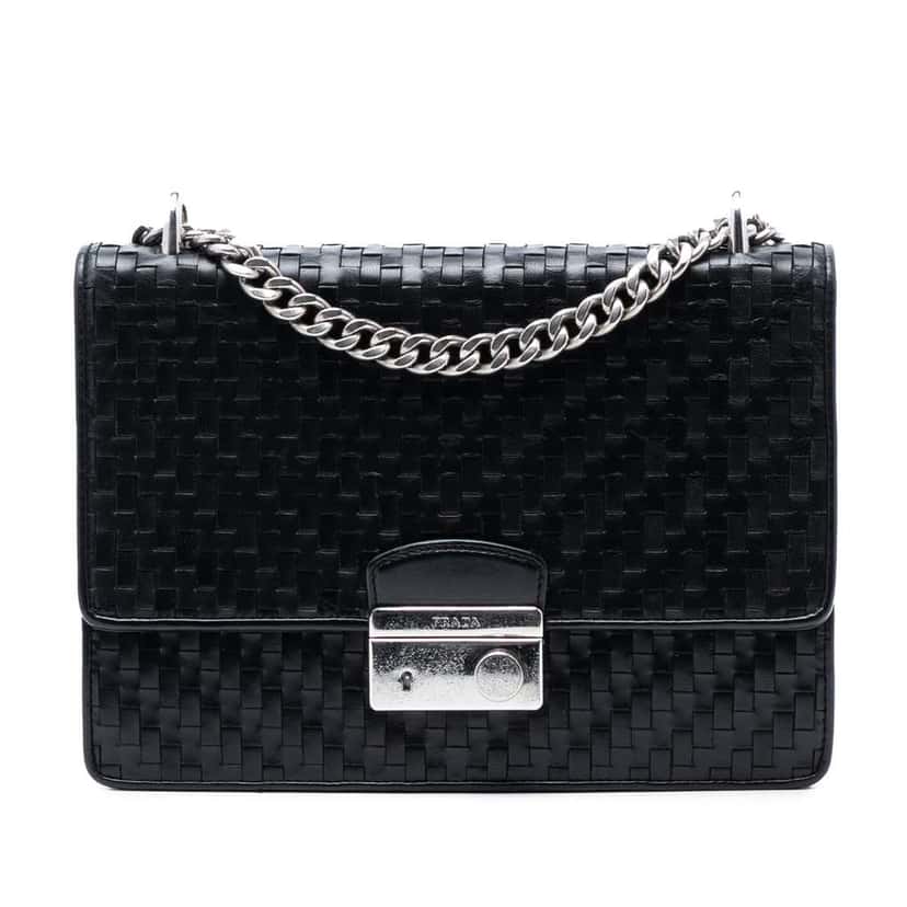 Prada Woven Madras Leather Chain Flap Bag Black Leather Good condition - Front View