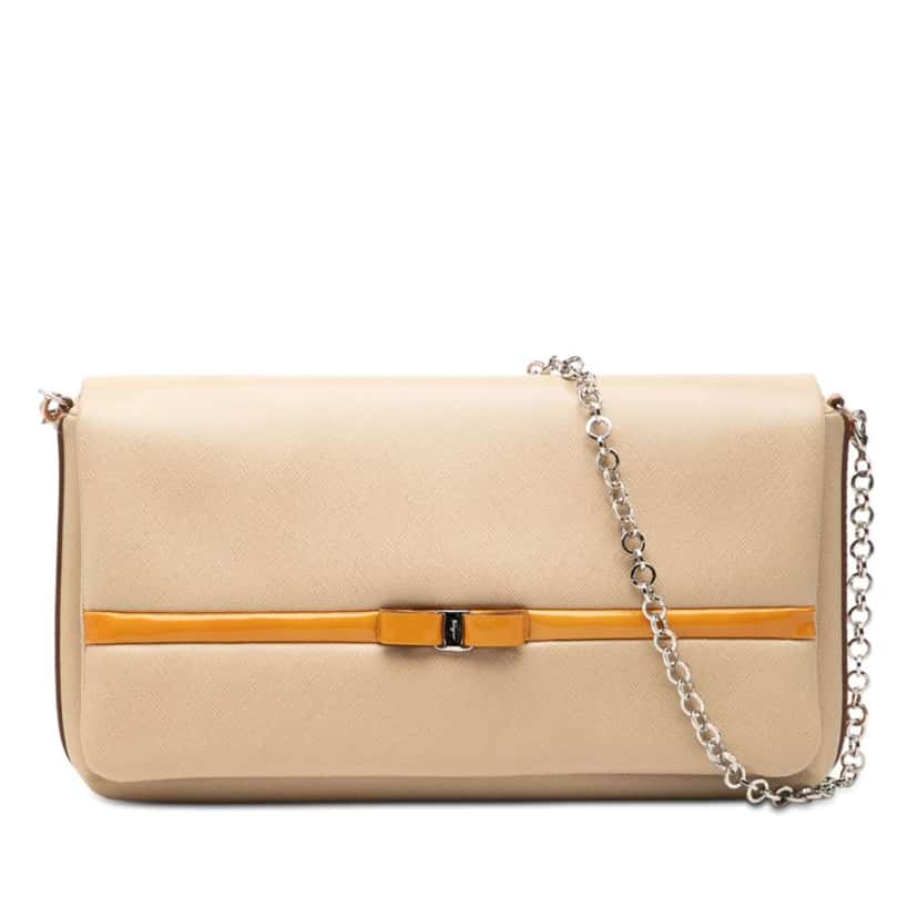 Salvatore Ferragamo Leather Vara Bow Chain Shoulder Bag Brown Leather Good condition - Front View