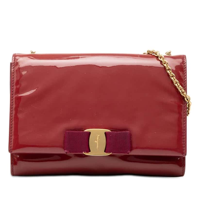 Salvatore Ferragamo Patent Vara Bow Chain Crossbody Red Leather Good condition - Front View