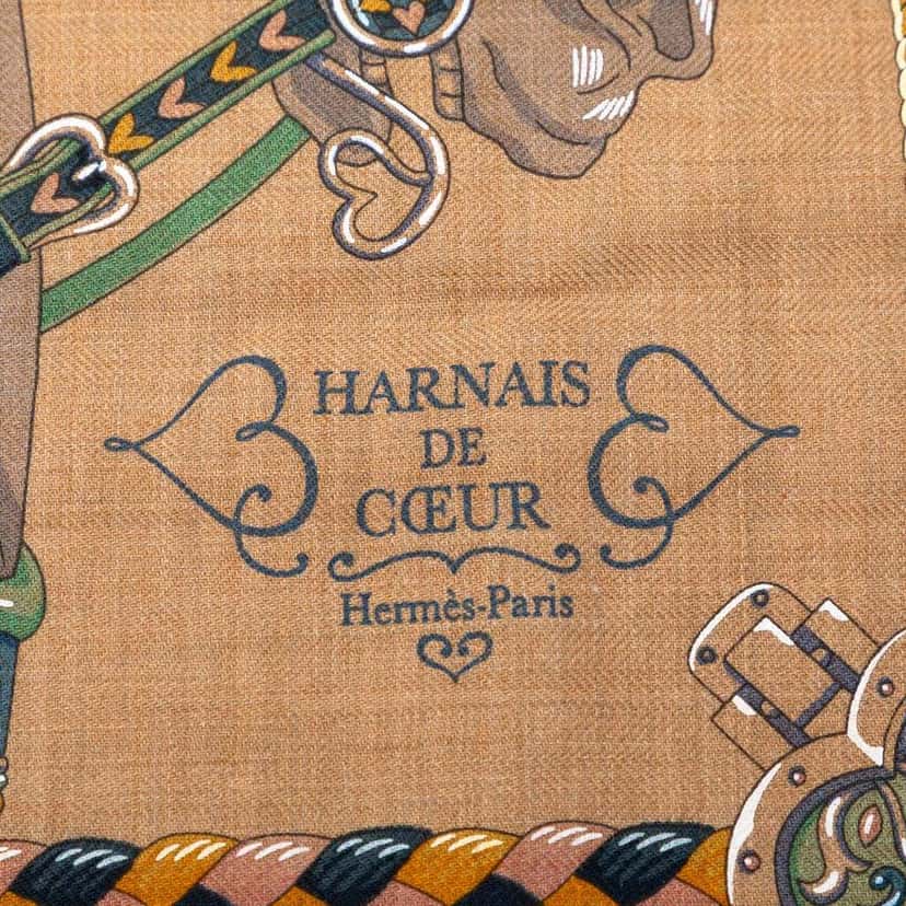 Hermès Harnais de Coeur Cashmere Silk Scarf 45 Brown Wool Very good condition - Inside View