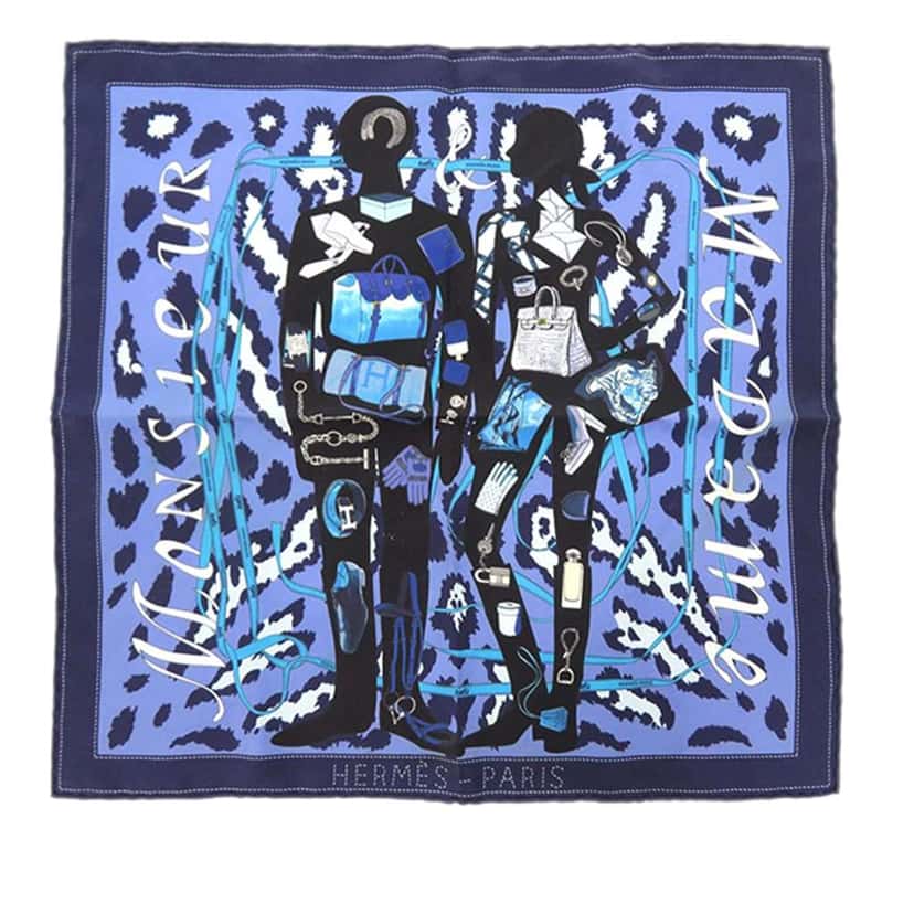 Hermès Monsieur Et Madame Silk Scarf Blue Silk Good condition - Front View