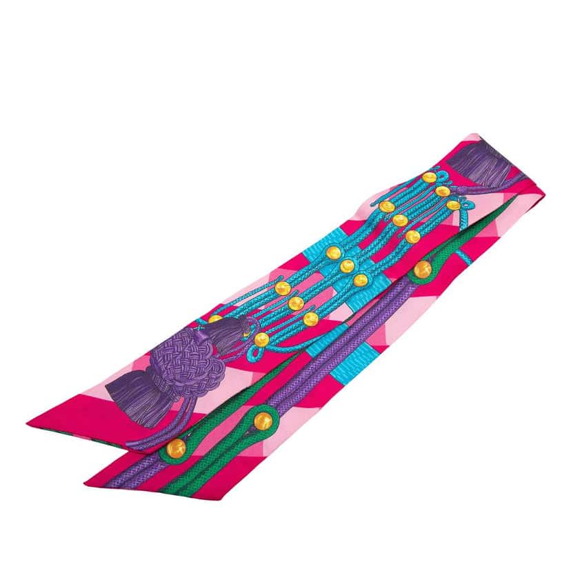 Hermès Brandebourgs Silk Twilly Scarf Pink Silk Very good condition - Front View