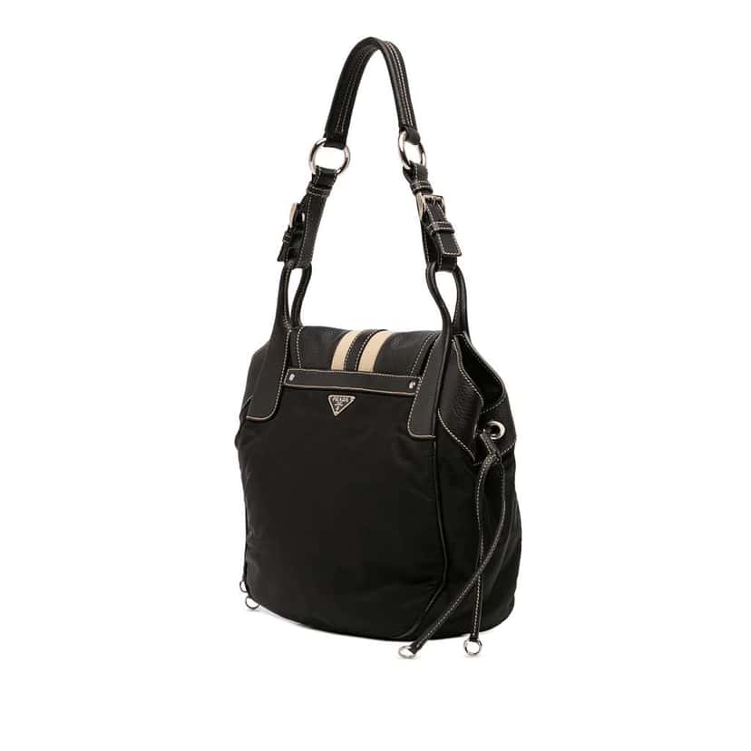 Prada Leather Trimmed Tessuto Buckle Shoulder Bag Black Good condition - Back View