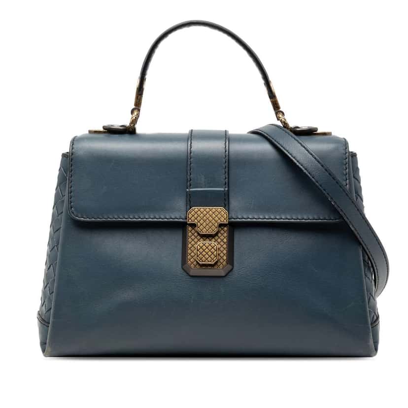 Bottega Veneta Small Intrecciato Trimmed Nappa Piazza Top Handle Satchel Blue Leather Good condition - Front View