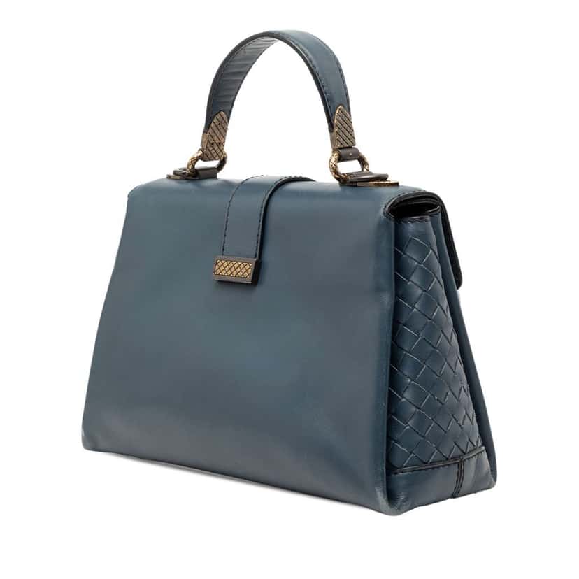 Bottega Veneta Small Intrecciato Trimmed Nappa Piazza Top Handle Satchel Blue Leather Good condition - Back View