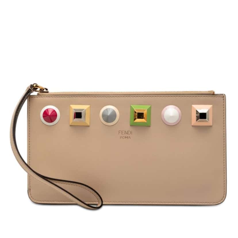 Fendi Studded Leather Slim Wristlet Clutch Beige Leather Good condition - Front View