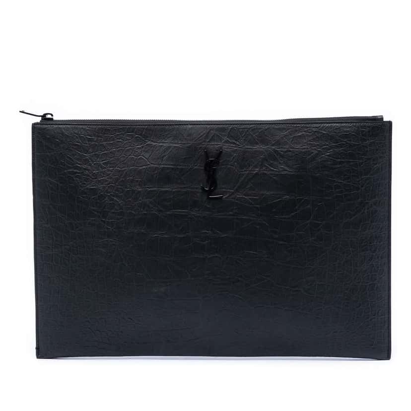 Saint Laurent Croc Embossed Leather Monogram Clutch Black Leather Very good condition - Front View