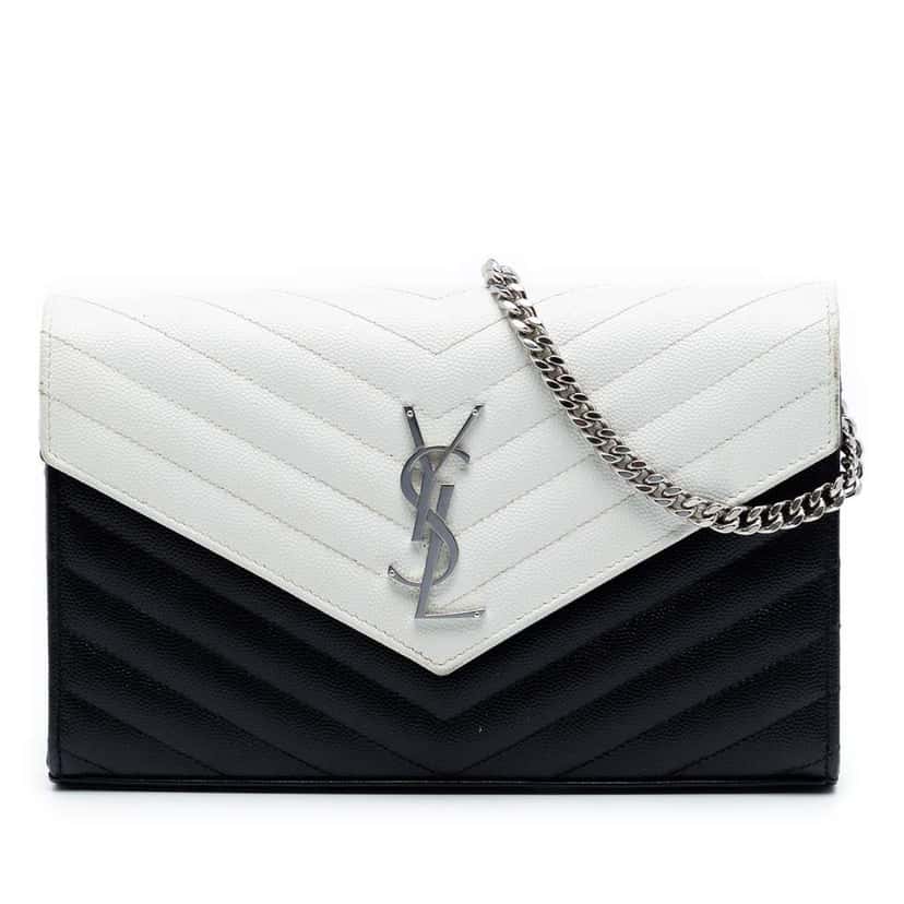 Saint Laurent Bicolor Grain De Poudre Chevron Monogram Envelope Chain Wallet Black Leather Good condition - Front View