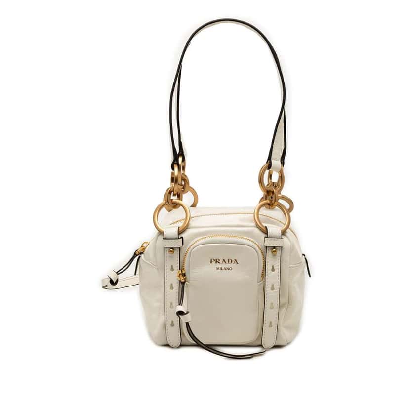 Prada Mini Soft Calfskin Dangle Top Handle Bag White Leather Very good condition - Front View