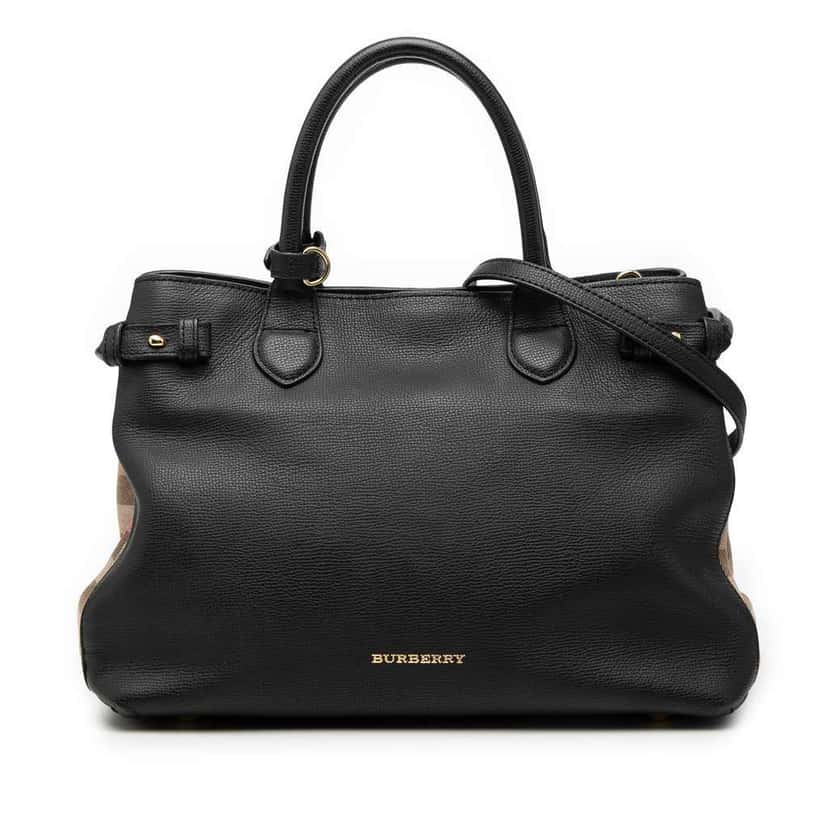 Burberry Medium Leather and House Check Banner Satchel Black Leather Very good condition - Front View