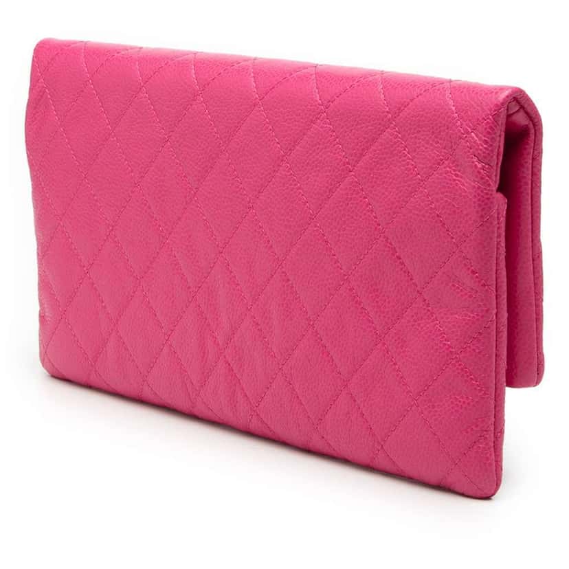 Chanel Quilted Caviar CC Beauty Foldover Clutch Pink Leather Very good condition - Back View