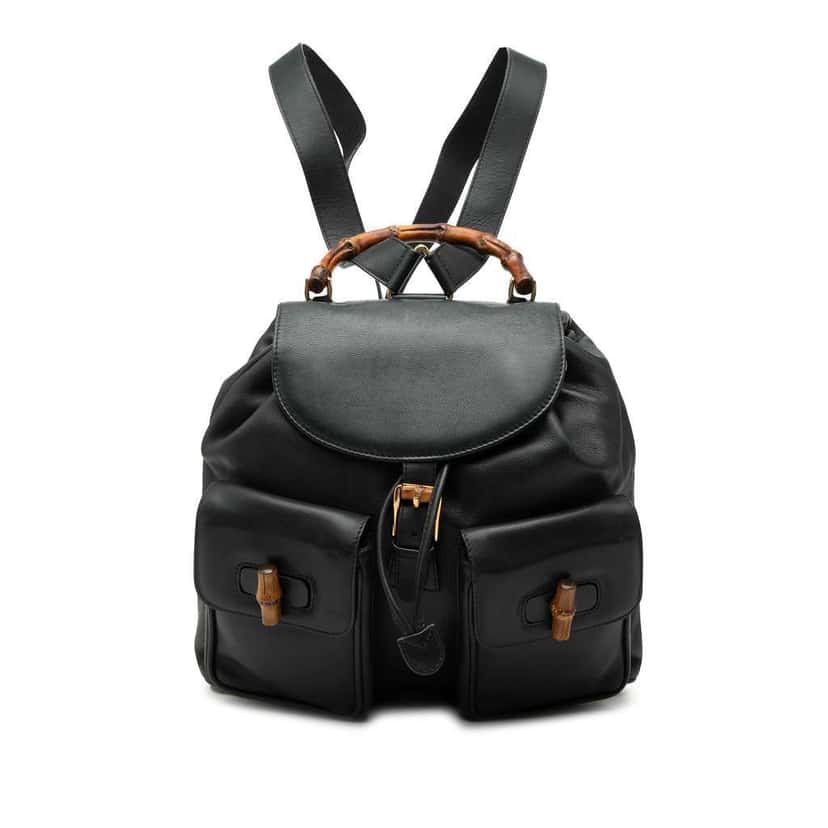 Gucci Calfskin Bamboo Drawstring Backpack Black Leather Very good condition - Front View