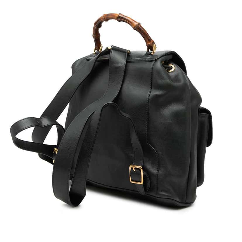 Gucci Calfskin Bamboo Drawstring Backpack Black Leather Very good condition - Back View