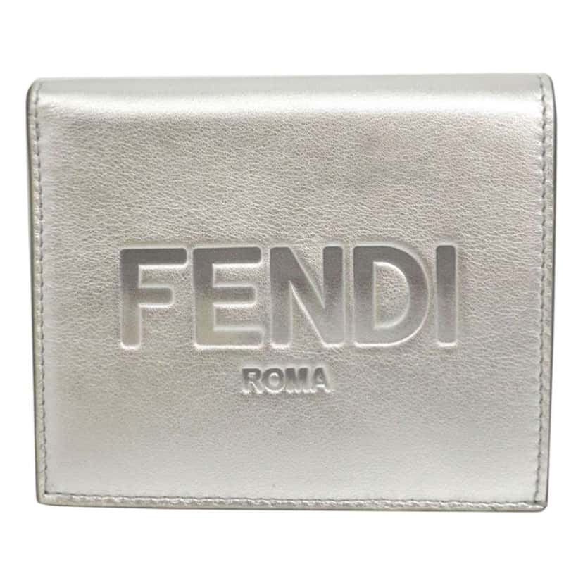 Fendi Metallic Leather Logo Bifold Compact Wallet Silver Leather Very good condition - Front View