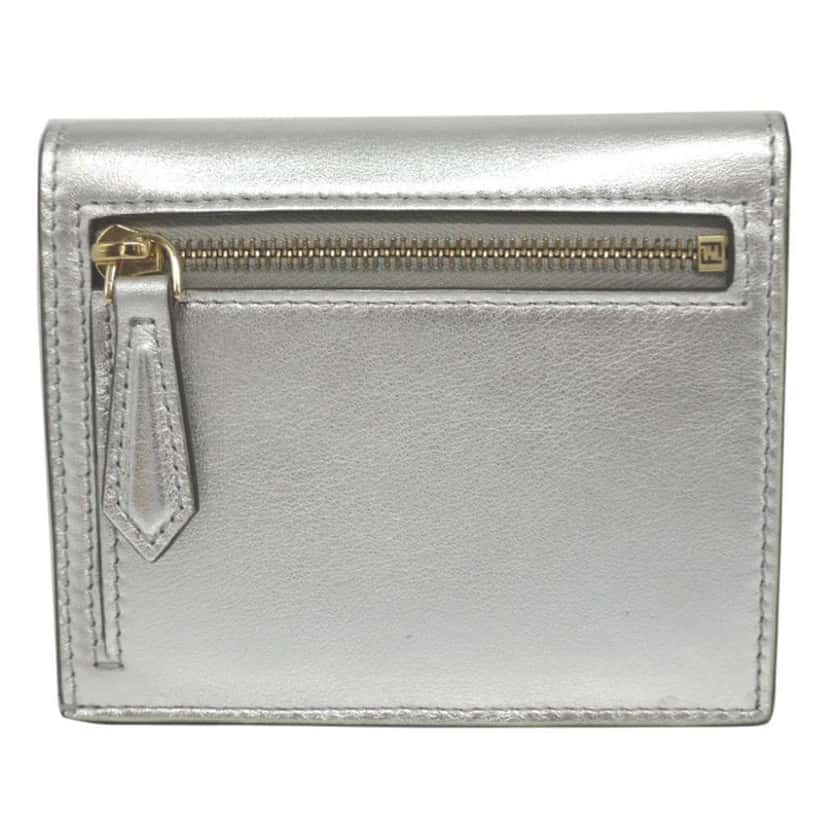 Fendi Metallic Leather Logo Bifold Compact Wallet Silver Leather Very good condition - Back View