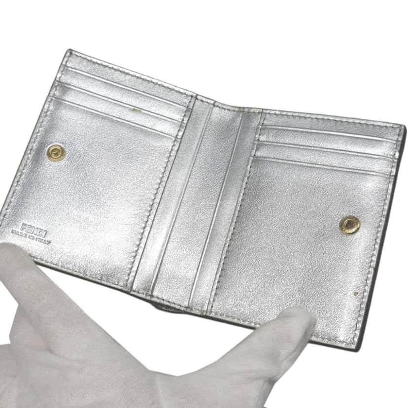 Fendi Metallic Leather Logo Bifold Compact Wallet Silver Leather Very good condition - Inside View