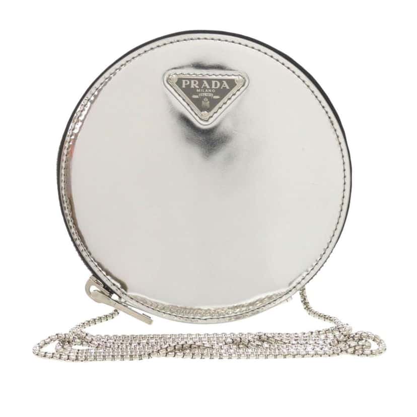 Prada Spazzolato Round Chain Coin Crossbody Silver Leather Very good condition - Front View