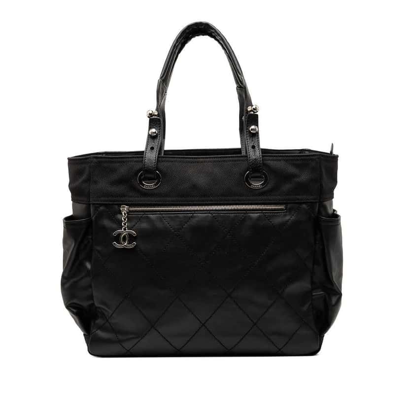 Chanel Large Quilted Coated Canvas Paris Biarritz Tote Black Canvas Good condition - Front View