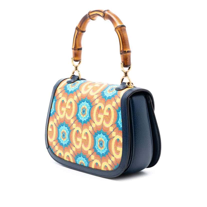 Gucci 100th Anniversary Medium GG Coated Canvas Kaleidoscope 1947 Bamboo Top Handle Bag Blue Canvas Very good condition - Back View