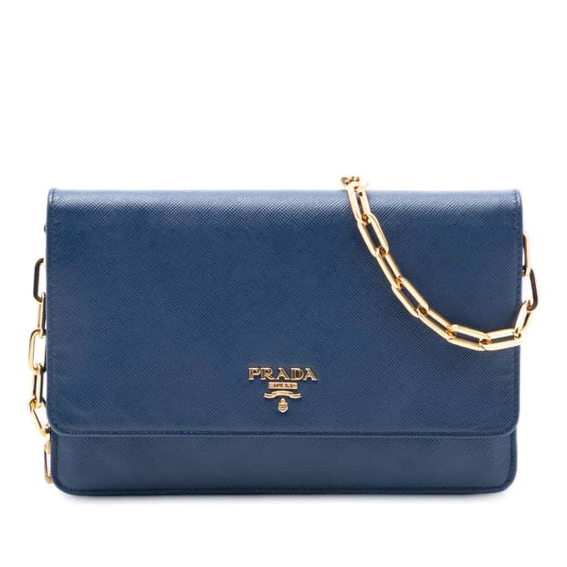 Prada Saffiano Wallet On Chain Blue Leather Very good condition - Front View