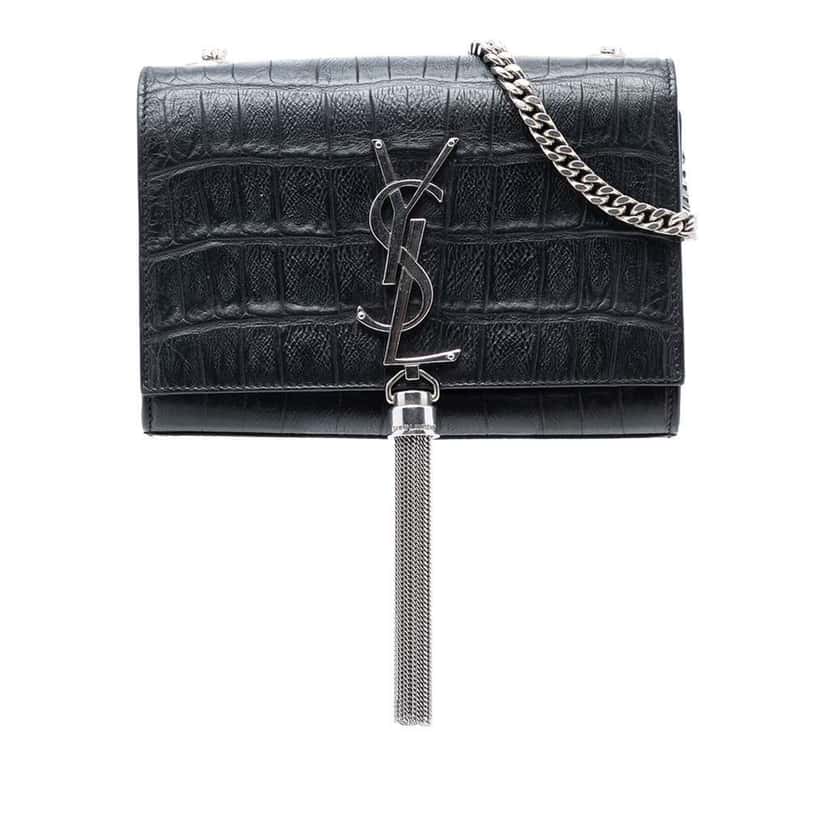 Saint Laurent Small Croc Embossed Leather Monogram Kate Tassel Crossbody Black Leather Very good condition - Front View