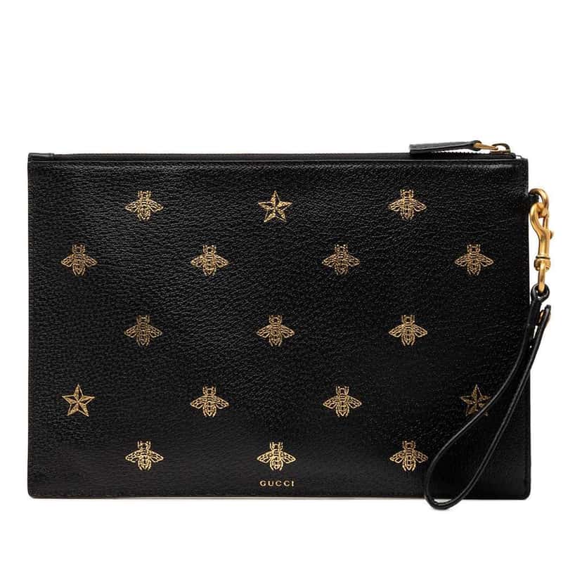 Gucci Leather Bee Star Clutch Black Leather Very good condition - Front View