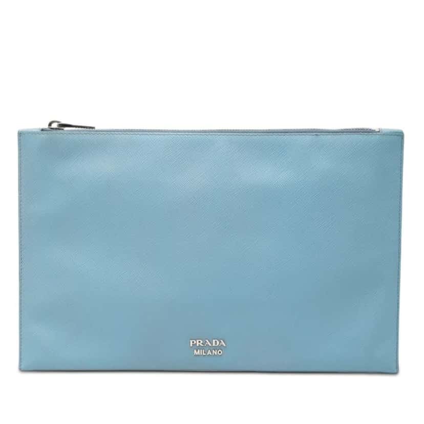 Prada Saffiano Clutch Blue Leather Good condition - Front View